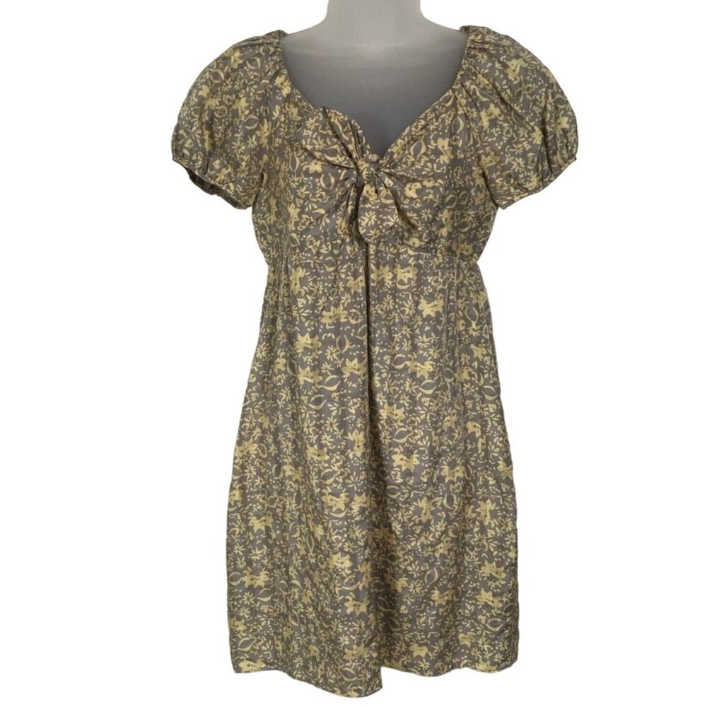 Tocca Size 2 Silk Gray Yellow Floral Print Tie Front Cut Out Puff Sleeve Dress